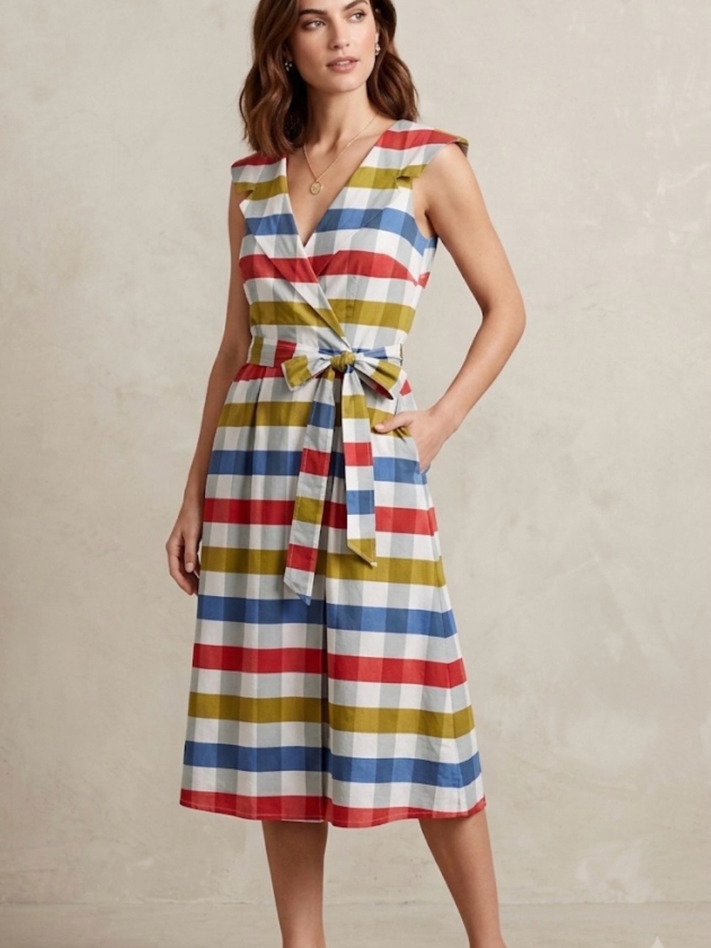 Maeve Striped V-Neck Tie-Waist Midi Dress in Red, Blue & Mustard